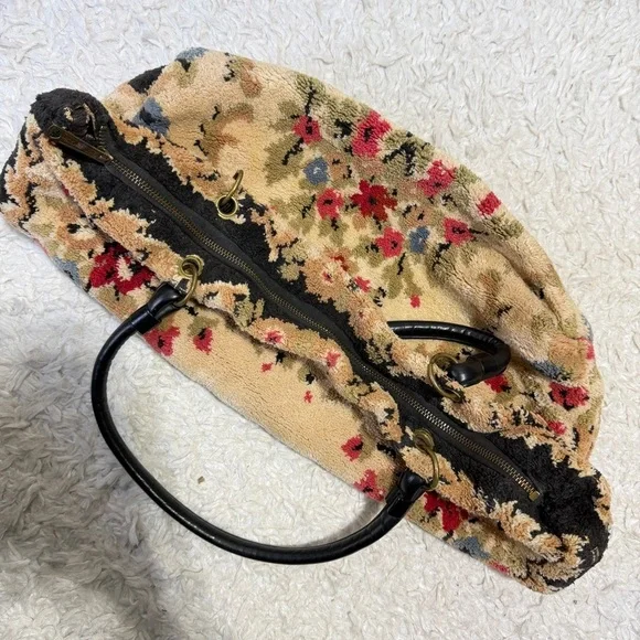 Vintage 50’s 60’s floral carpet tote shoulder back leather handles - Picture 5 of 12